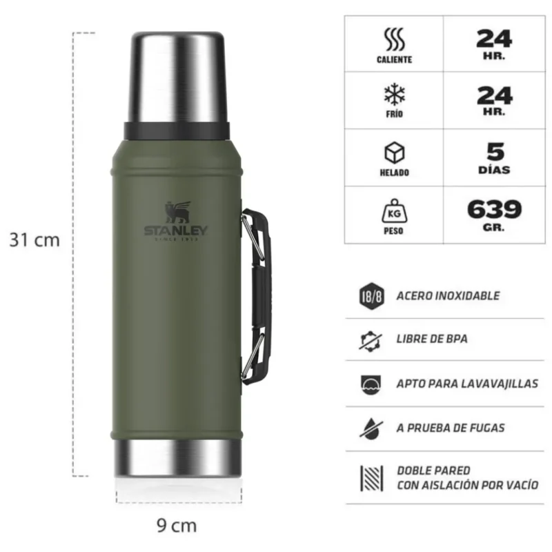 Termo Stanley Classic 0,950 Lts con Manija y Tapon Cebador Dried Pine (601274)