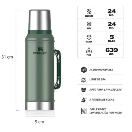 Termo Stanley Classic 0.950 Lt con Manija y Tapon Cebador Verde 2.0 (601512)