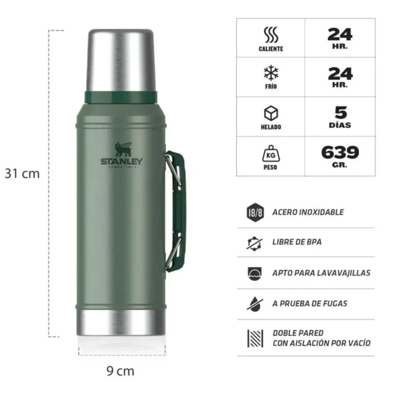 Termo Stanley Classic 0.950 Lt con Manija y Tapon Cebador Verde 2.0 (601512)