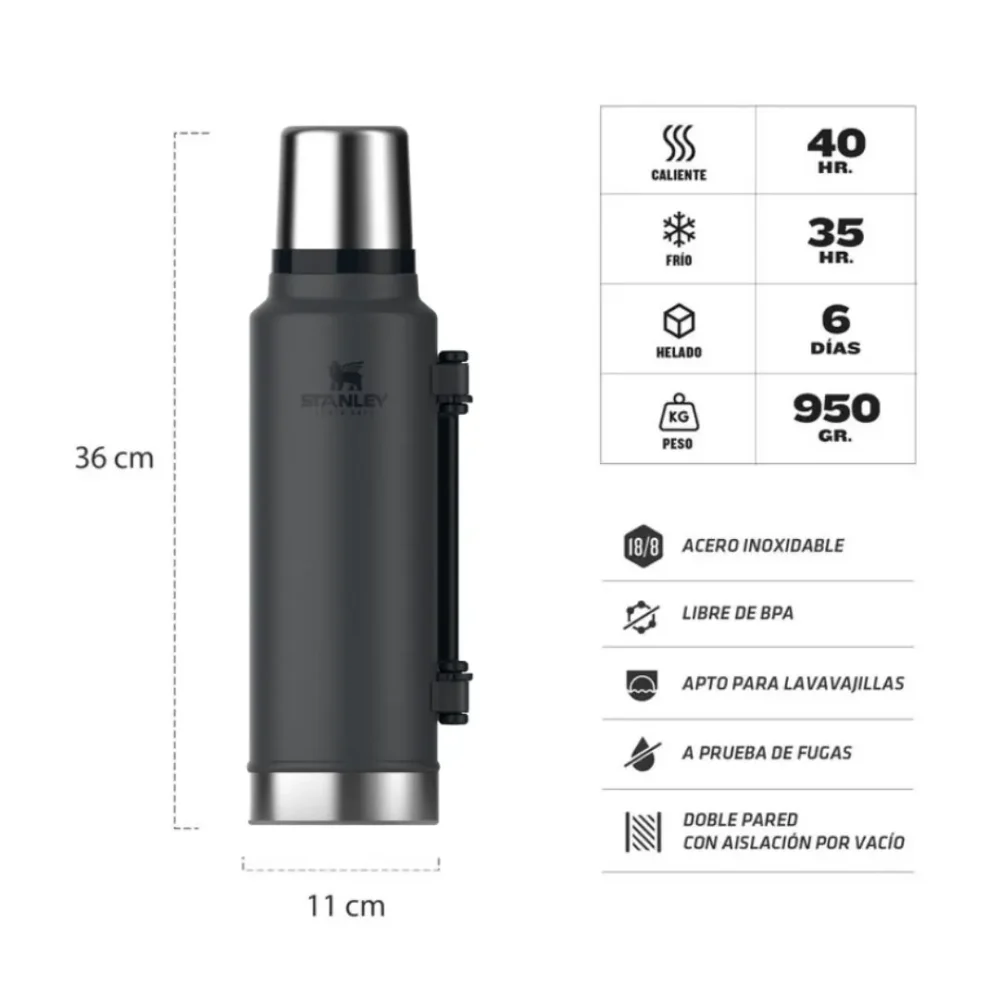 Termo Stanley Classic 1,400 Lts Asa Plegable Negro 2.0 (600403)