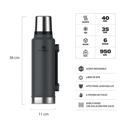 Termo Stanley Classic 1,400 Lts Asa Plegable Negro 2.0 (600403)