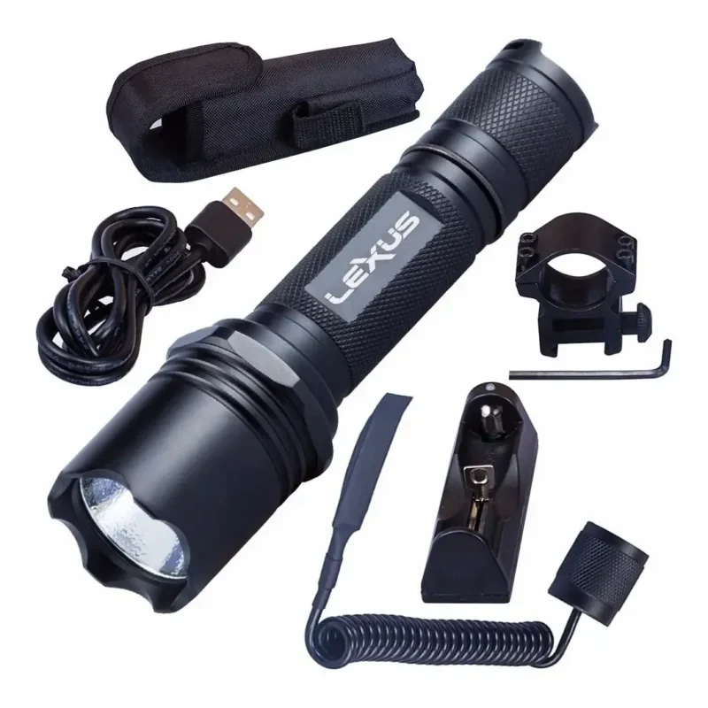 Linterna Tactica T90-Cm 1300Lum. con Swicht, Anilla, Funda y Cargador para Bateria