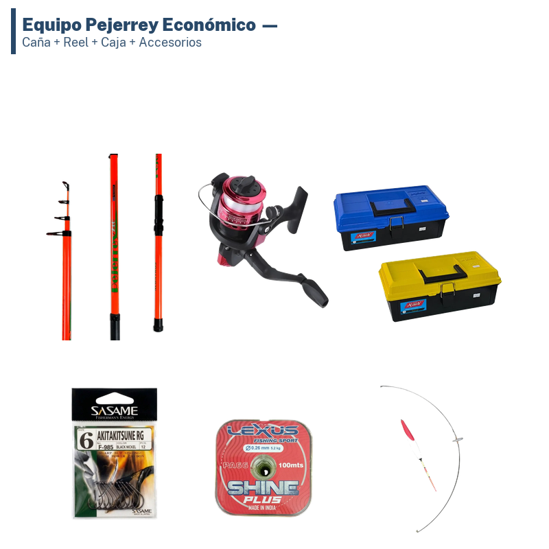Equipo Pejerrey Económico — Caña + Reel + Caja + Accesorios