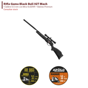 Rifle Gamo Black Bull IGT Mach 1 Calibre 5.5 mm con Mira 4x32WR + Balines Premium