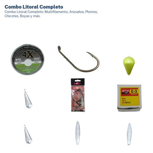 Combo Litoral Completo: Multifilamento, Anzuelos, Plomos, Chicotes, Boyas y más.