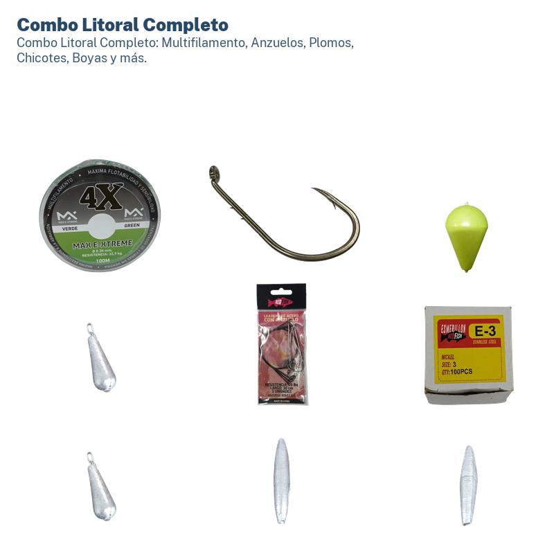 Combo Litoral Completo: Multifilamento, Anzuelos, Plomos, Chicotes, Boyas y más.