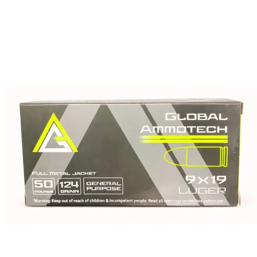 Munición Global Ammotech 9mm Parabellum 124gr FMJ x 50 Unidades Full Metal Jacket Punta Sólida