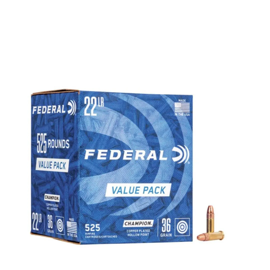 BALAS FEDERAL 22LR P.H./COBR CAJA X525 (745) 20712 Balas .22 LR 36 gr CPHP Champion - Caja x525 Unidades Punta Hueca Cobreada Federal
