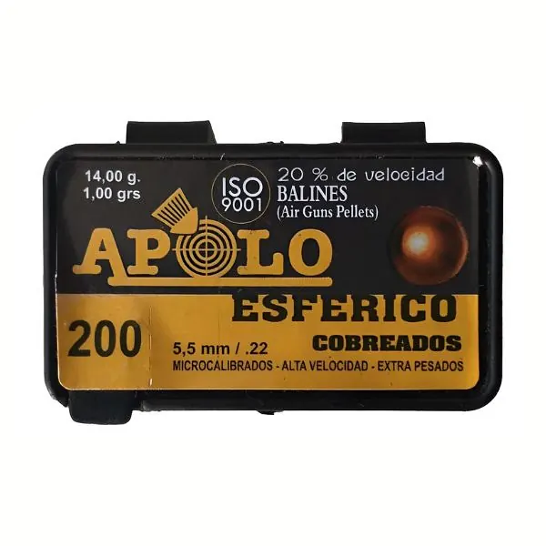 BALINES APOLO ESFERICOS COBREADOS BB COPPER 5,5 X 200 15,4G/1GRS (CAJONX40U) Balines Esfericos Cobreados Bb Copper 5,5 X 200 15,4 G/1Grs (Cajonx40U) Apolo