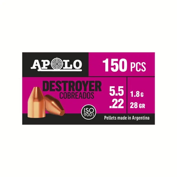 BALINES APOLO DESTROYER COBREADO 5,5 X 150 28GR/1,8G (CAJONX40U) 19970 Balines Destroyer Cobreado 5,5 X 150 28 Gr/1,8 G (Cajonx40U) 19970 Apolo