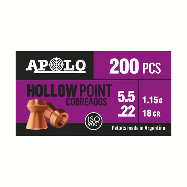 BALINES APOLO HOLLOW POINT COBREADOS 5,5 X 200 18G/1,15GRS (CAJONX30U) 19991 Balines Hollow Point Cobreados 5,5 X 200 18 G/1,15Grs (Cajonx30U) 19991 Apolo