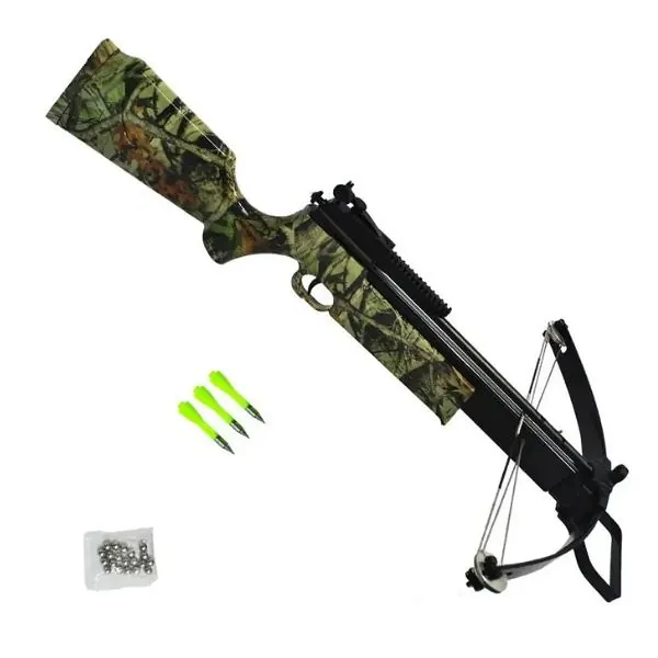 BALLESTA NUX M28 CAMO 80LBS C/POLEA P/DARDOS Y BALINES BB 8MM Ballesta M28 Camo 80Lbs con Polea para Dardos y Balines Bb 8mm Nux