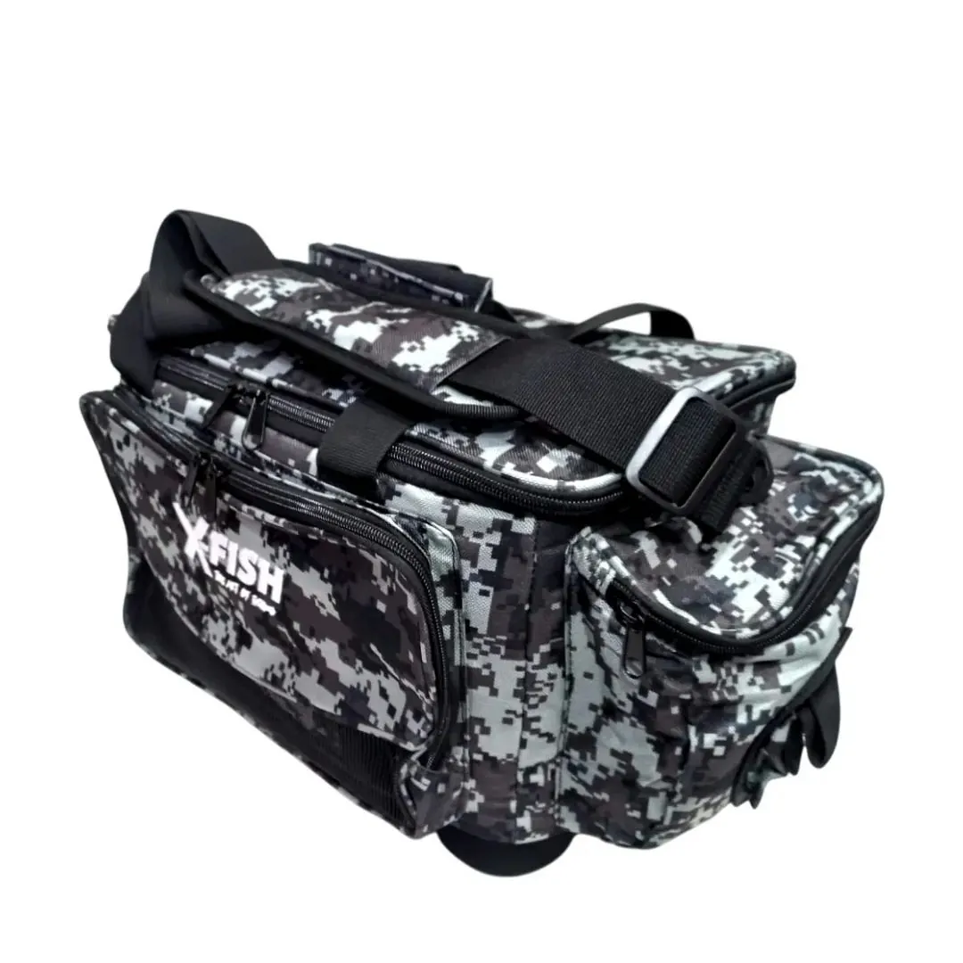 BOLSO DE PESCA X-FISH BASE RIGIDA GRIS CAMO 50X30X25CM (KB18GRIS)