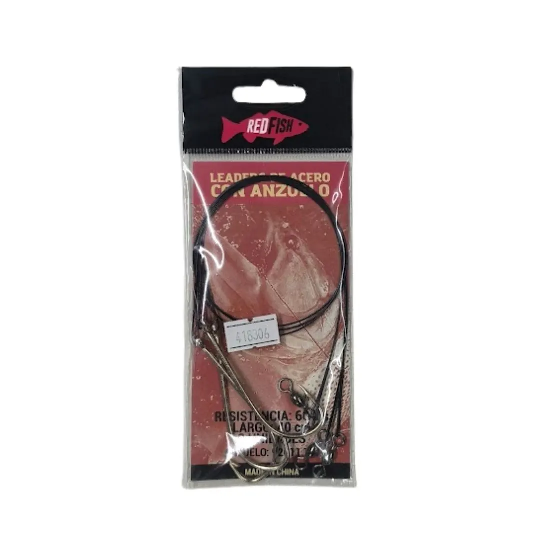 Leader Empatillado 60lbs 40cm con Anzuelo 92611 7/0 x3 El leader empatillado de 60 lbs es el componente de máxima resistencia diseñado para la pesca variada pesada y la captura de grandes predadores de río y mar. Con una longitud extendida de 40 cm, este conjunto proporciona una barrera infranqueable contra la abrasión y los cortes provocados por dentaduras poderosas como las del dorado, surubí o grandes especies de costa. Red fish