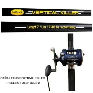 Combo Lexus Caña Vertical Killer 2,10mts 1 Tramo 17-40Lbs + Reel Rotativo Deep Blue 20 4+1Rul 0,40/200Mt