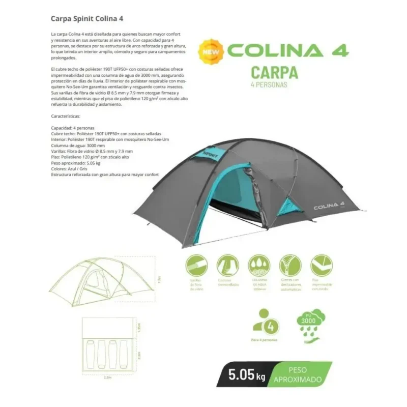 Carpa Colina 4 4P 1,7X1,35+2,2X2,2mts 5,5kg Azul/Gris 600108