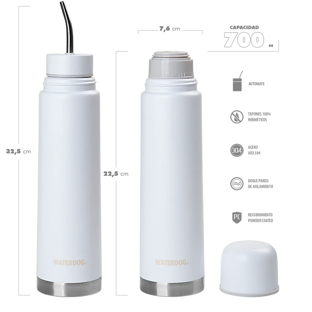 MATE LISTO WATERDOG YUNTA 700ML + TERMO 700ML C/BOMBILLA BLANCO (YUNTA700WH)