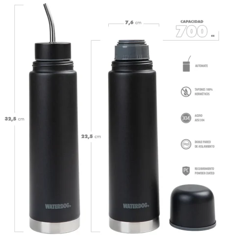 MATE LISTO WATERDOG YUNTA 700ML + TERMO 700ML C/BOMBILLA NEGRO (YUNTA700BK)