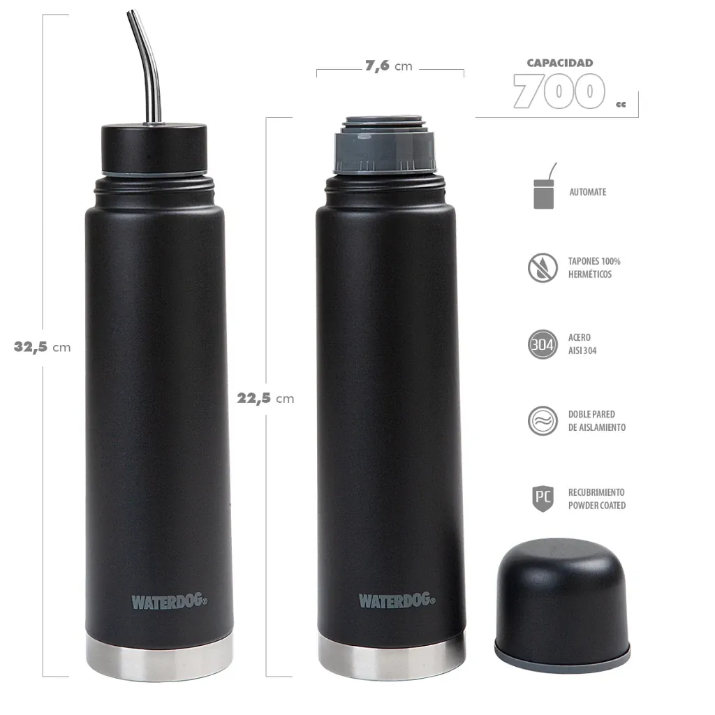 MATE LISTO WATERDOG YUNTA 700ML + TERMO 700ML C/BOMBILLA NEGRO (YUNTA700BK)